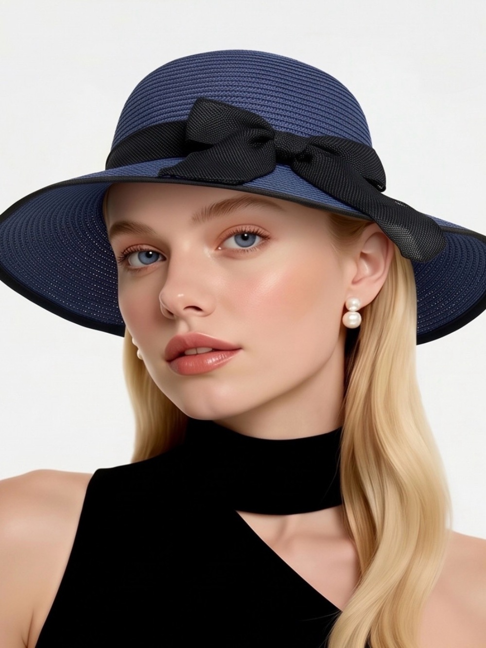 NWOT Blue Wide Brim Straw Sun Hat Black Mesh Ribbon Bow One Size